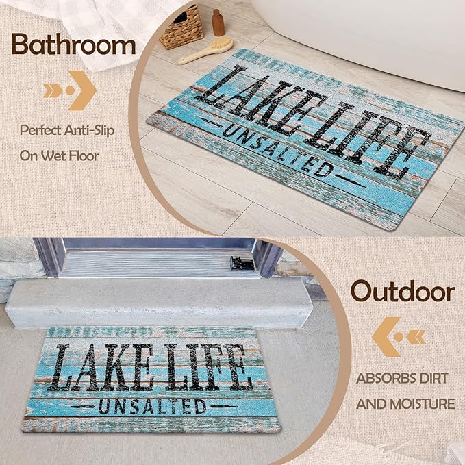 Lake Life Door Mat, Coastal Beachy Lakeside Doormat Welcome Mats for Front Door Porch Outdoor Outside Entrance, Lake House Decor, Ocean Bath Rug for Bathroom, 17x30 Inch