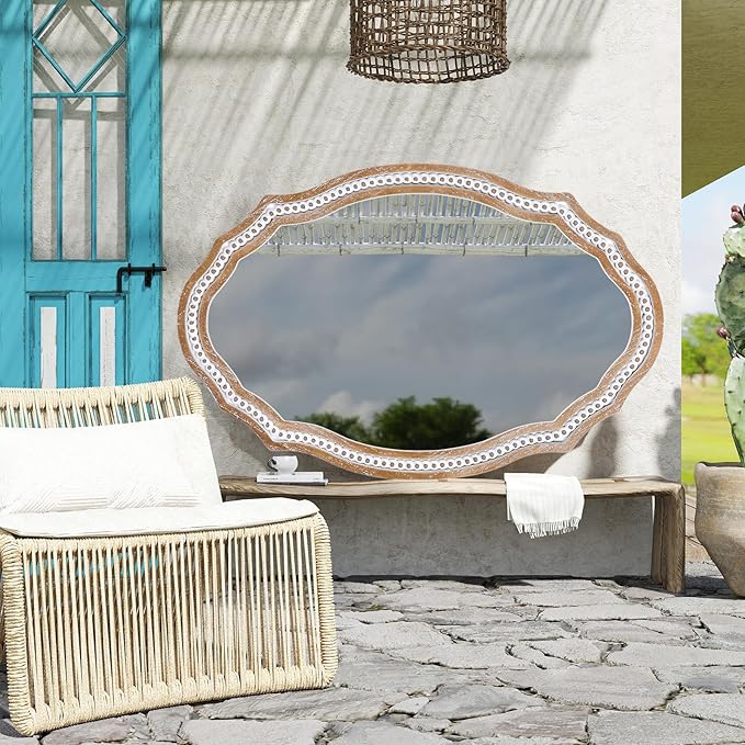24 x 35 Inches Wooden Farmhouse Oval Mirror for Wall Decor, Living Room, Bedroom, Bathroom Rustic Decorative Mirror for Entryway - Vertical or Horizontal Hanging