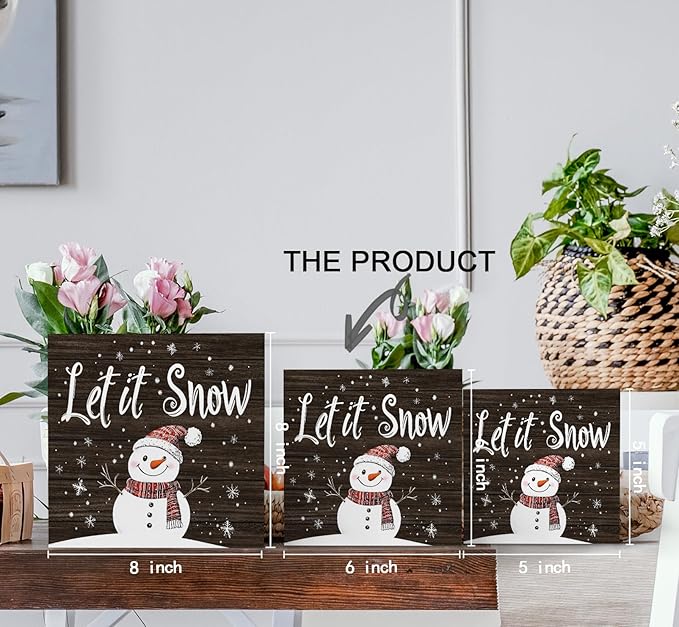 Let It Snow Sign, Christmas Snowman Wooden Box Sign, Farmhouse Winter Wood Signs For Home Office Desk Shelf Table Decor, Snowman Christmas Decorations, Winter Home Decor, 6x6 Inch