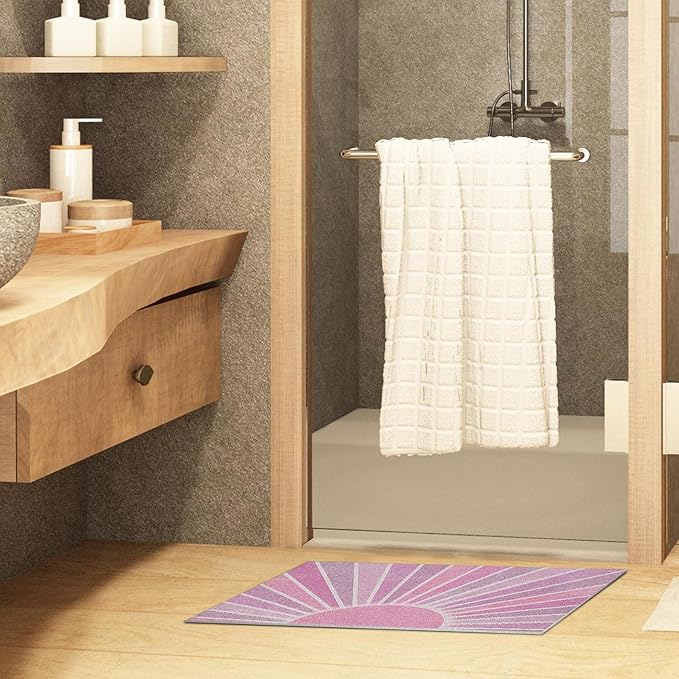 Nogrit Boho Door Mat, Retro Boho Pink Sun Sunshine Doormat Bathmat for Indoor Outdoor Entrance, Mid Century Modern Abstract Welcome Mats for Front Door Outside Porch Entryway, 17x30 Inches