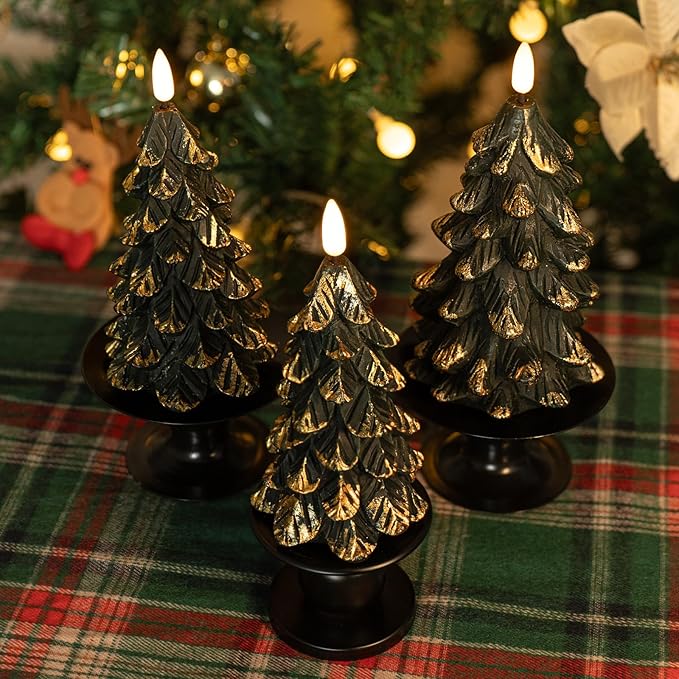 Green Christmas Tree Shaped Flameless Candles with Timer, Real Wax 3D Wick Flickering Battery Operated LED Candles for Christmas Home Party Decoration Set of 3