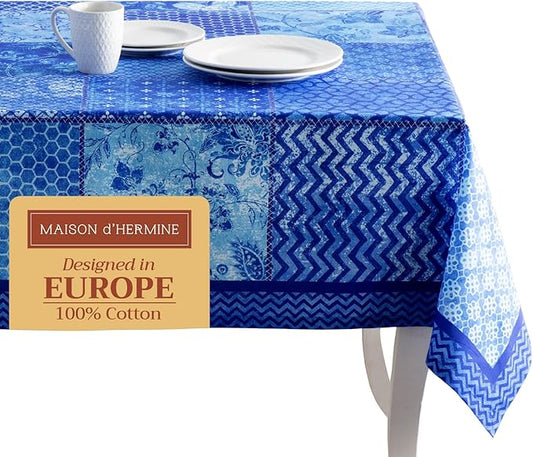 Maison d' Hermine Table Cloth Rectangle Table 100% Cotton 70 x 90 Inches Tablecloth Reusable Decorative for Dining Room, Farmhouse, Home, Party, Festive & Wedding Spring Summer - Indigo Love