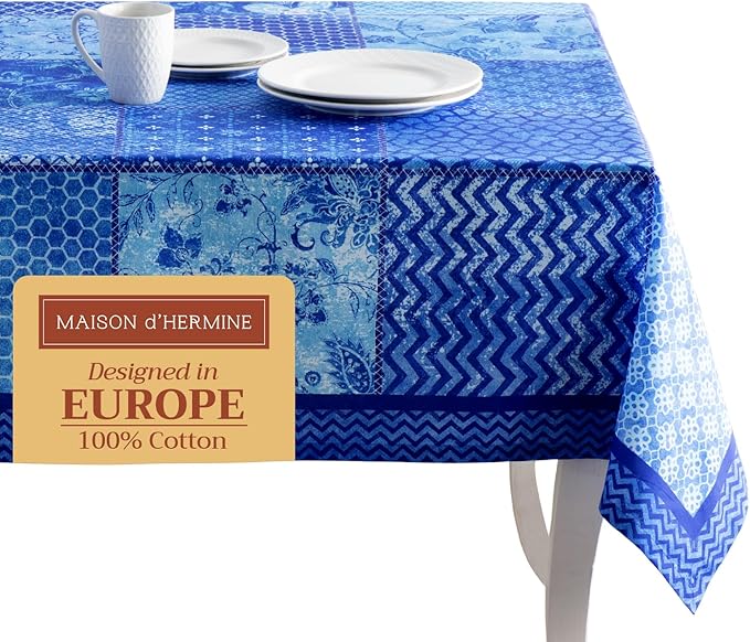 Maison d' Hermine Table Cloth Square Table 100% Cotton 54 x 54 Inches Tablecloth Reusable Decorative Everyday Use for Dining Room, Farmhouse, Home, Party, Festive & Wedding Spring Summer - Indigo Love