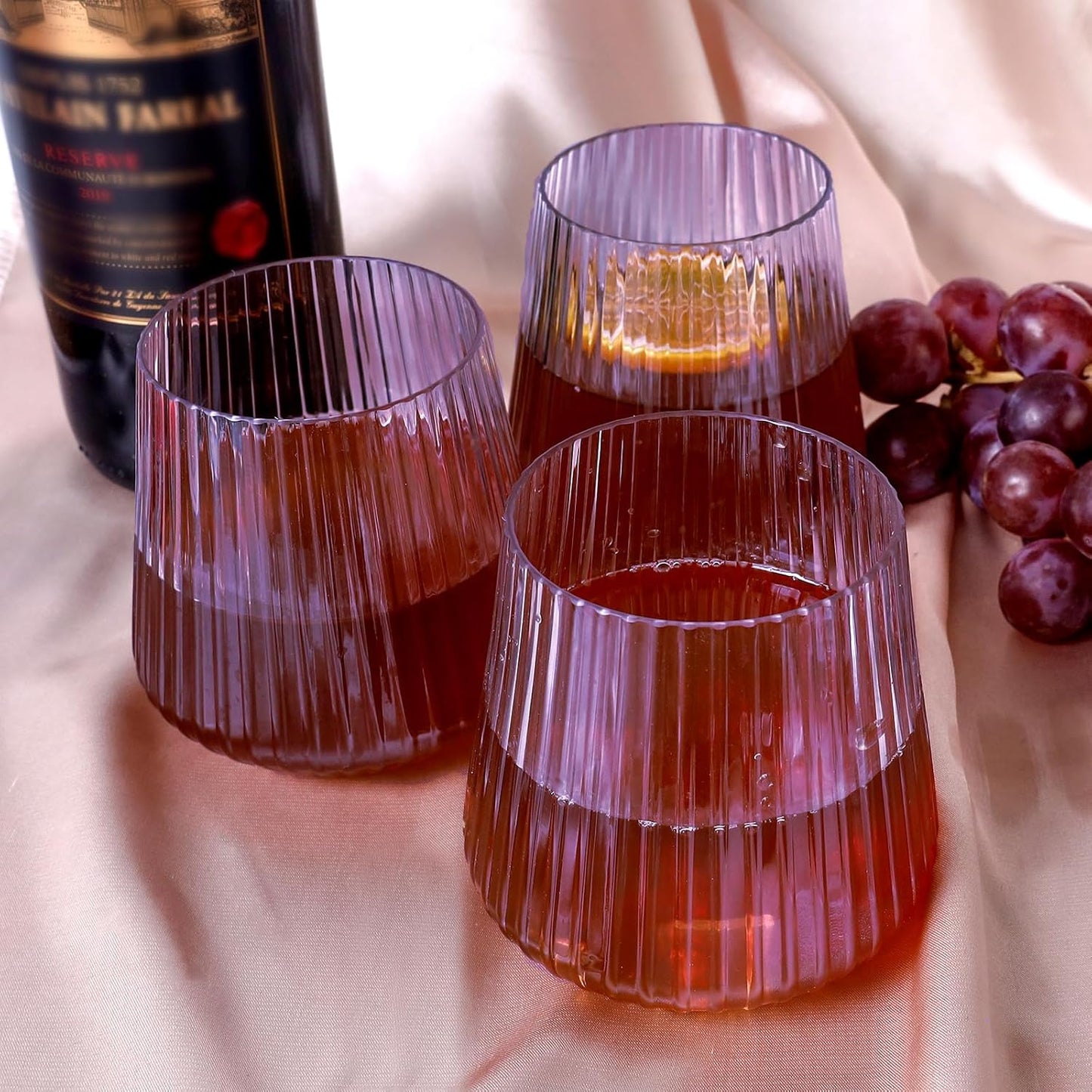 40 Pack Plastic Ribbed Wine Glasses, 14Oz Origami Disposable Wine Glasses Unbreakable Clear Plastic Cocktail Glasses Recyclable Shatterproof Reusable Wine Cups (14oz-blue-40pack)