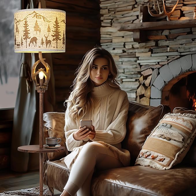 Vintage Deer Antlers Floor Lamps For Living Room with Night Light, Rustic Tall Lamp Decor For Bedroom with Metal Tray. Farmhouse Standing Lamp For Home Office Study Restaurant (Bulb Included)