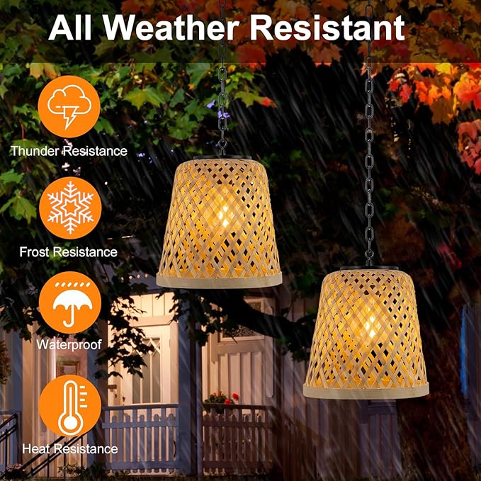 2-Pack Bamboo Woven Outdoor Chandelier Small Hanging Rattan Solar Pendant Lights Modern Retro Boho Pendant for Gazebo Yard Porch Patio Garden Backyard Decor