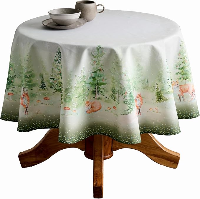 Maison d' Hermine Table Cloth Round Table 100% Cotton 63 Inches Fall Tablecloth Reusable Everyday Use for Thanksgiving Christmas Decorations Dining Farmhouse Party (Winter Mornings)