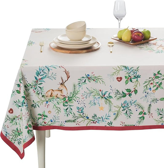 Maison d' Hermine Table Cloth Rectangle Table 100% Cotton 60 x 90 Inches Fall Tablecloth Reusable Everyday Use for Thanksgiving Christmas Decorations Dining Farmhouse Party (Holly Time)