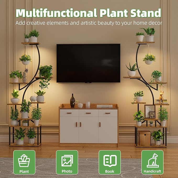Simple Trending Plant Stand Indoor with Grow Lights, Heavy Duty 8 Tier Tall Plant Shelf for Plants Multiple, Metal Wood Plant Shelves Plant Display Holder for Garden, Black