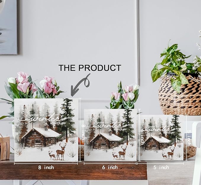 Winter Sign, Winter Christmas Reindeer Wooden Box Sign, Farmhouse Xmas Decorations, Wonderland Decorations, Christmas Wood Signs for Home Office Desk Table Shelf Decor, 8x8 Inch