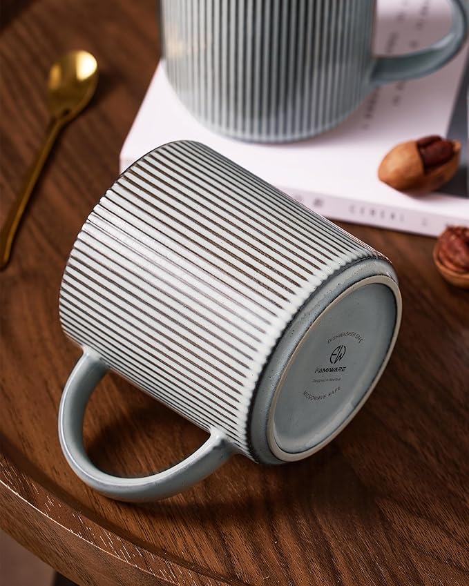 famiware Coffee Mug Set for 6, Star 16 oz Catering Mugs Cup Set with Handle for Coffee, Tea, Cocoa, Milk - Ceramic Stoneware Drinkware Set, Smoky Blue