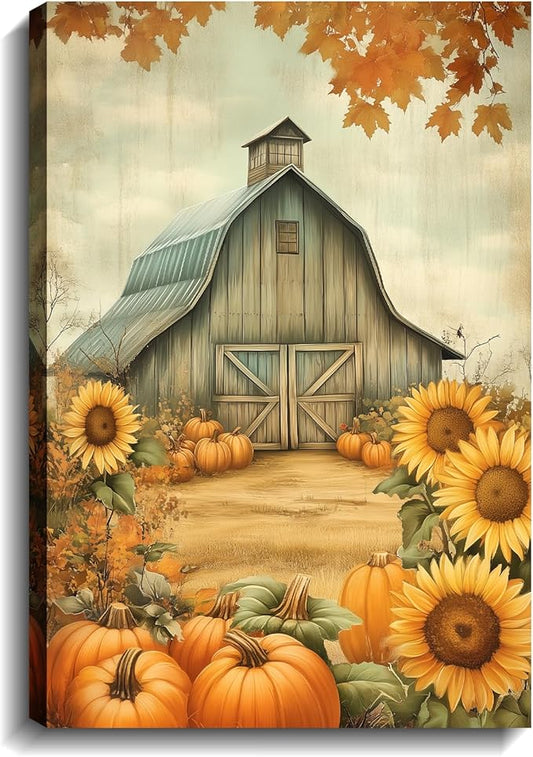 LYUNSHUO Canvas Wall Art Pumpkin Wall Decor Rustic Farmhouse Picture Old Barn Painting Sunflower Poster Autumn Harvest Vintage Artwork for Home Decor Frame - 12"x18"