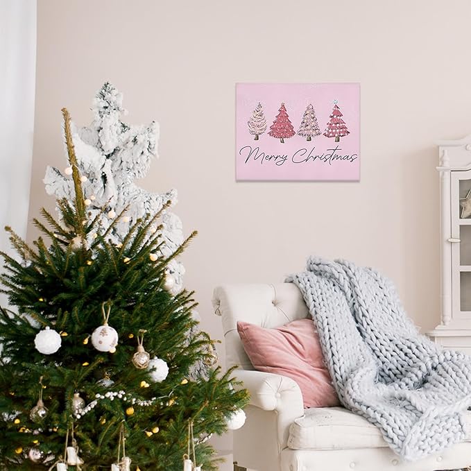 BIWSHA Pink Christmas Wall Art, Merry Christmas Trees Canvas Prints, 11x14 - Home Decoration for Bathroom, Living Room, Bedroom