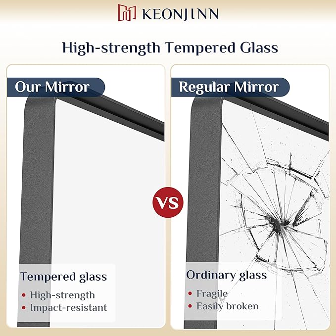 Keonjinn Black Bathroom Mirror - 55 x 30 Inch Large Metal Framed Wall Mirror, HD Tempered Glass, Modern Decorative Mirror (Horizontal/Vertical)