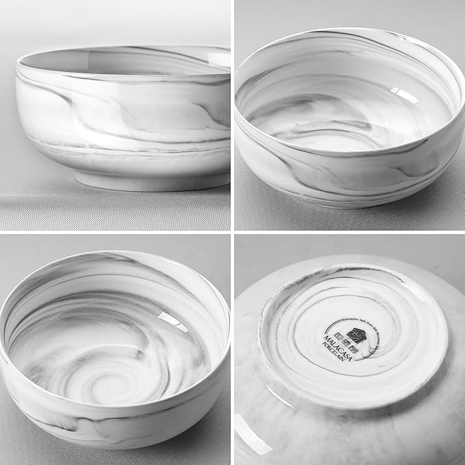 MALACASA Large Soup Bowls Set, 44 OZ (7") Salad Bowl Cereal Bowl Set of 2,Marble Grey Ceramic Bowls for Kitchen, Dishwasher & Microwave Safe, Series REGULAR