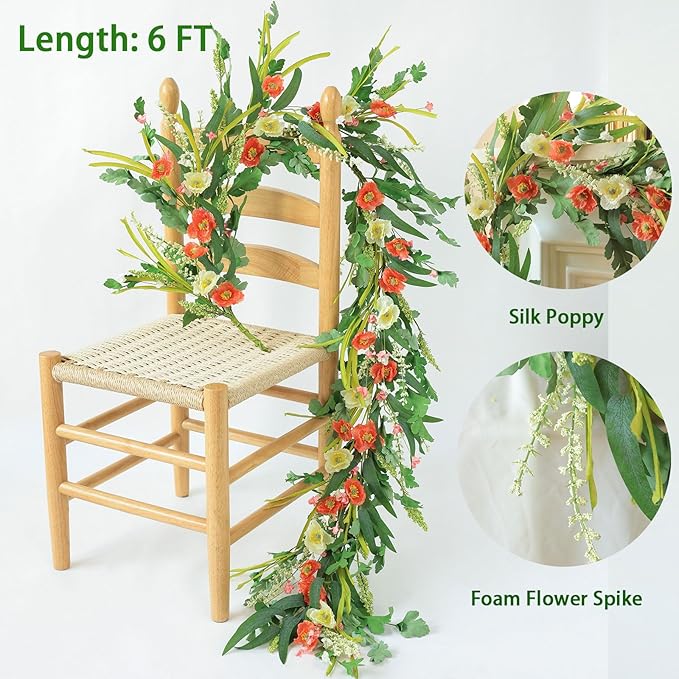 Mizii Red Artificial Flower Garland 6FT Fake Poppy Floral Garland Hanging Vines Spring Summer Flowers Decorations for Mantle Table Centerpieces Room Wall Fireplace Wedding Decor (Red)