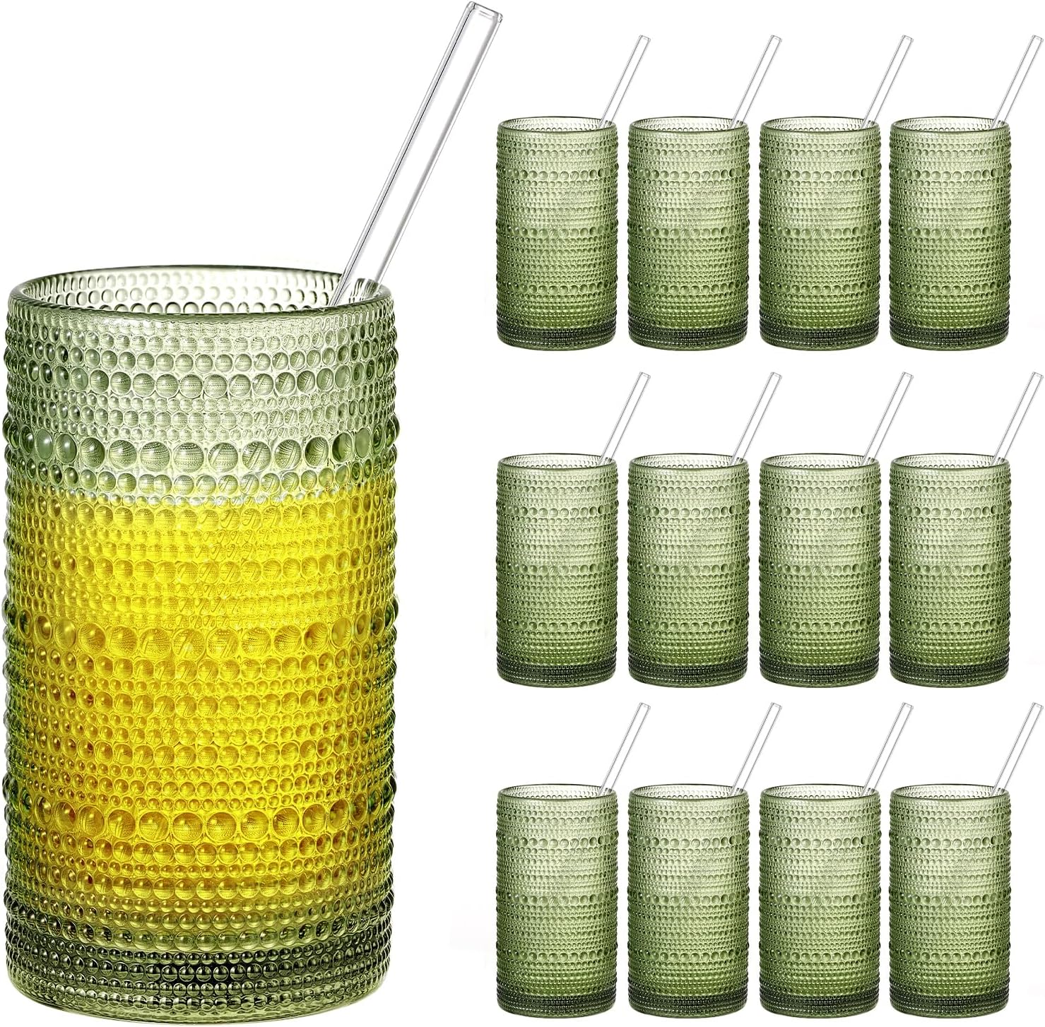 16oz Hobnail Drinking Glasses Set of 12, Vintage Large Capacity Embossed Green Tumblers, Highball Glasses for Water, Cocktail, Beer, Whiskey, Juice & Bar Use