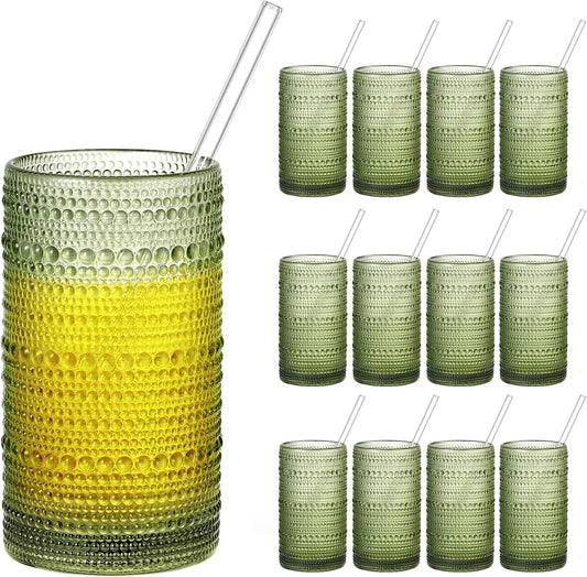 16oz Hobnail Drinking Glasses Set of 12, Vintage Large Capacity Embossed Green Tumblers, Highball Glasses for Water, Cocktail, Beer, Whiskey, Juice & Bar Use