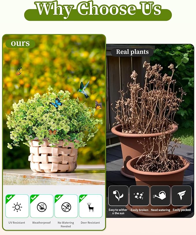 JAKY-Global Faux Artificial Plants Outdoor Flowers Spring Summer Decor 16 Bundles Fake Eucalyptus Silk Daisy UV Resistant Realistic for Outside Planters,Front Porch,Patio,Yard Pot Decoration