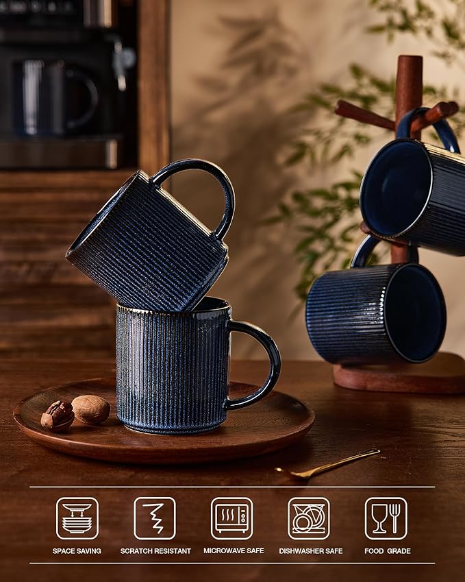 famiware Coffee Mug Set for 6, Star 16 oz Catering Mugs Cup Set with Handle for Coffee, Tea, Cocoa, Milk - Ceramic Stoneware Drinkware Set, Nebulas Blue