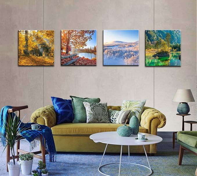 OKEXCKK Four Seasons Landscape Canvas Wall Art Decor - Spring Summer Autumn Winter Colorful Tree Painting Modern Nature Forest Prints Artwork Picture for Bathroom Office Decoration 16"x16"x4 Panels