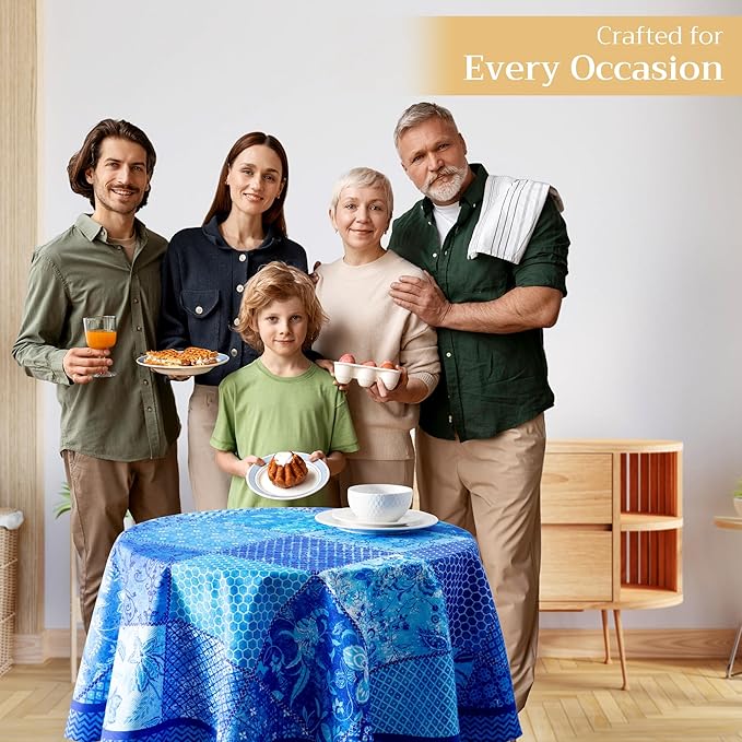 Maison d' Hermine Table Cloth Round Table 100% Cotton 63 Inches Tablecloth Reusable Decorative Everyday Use for Dining Room, Farmhouse, Home, Party, Festive & Wedding Spring Summer - Indigo Love