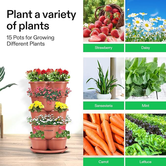 VIVOSUN 2-Pack 5 Tier Vertical Gardening Stackable Planter for Strawberries, Flowers, Herbs, Vegetables, Brown