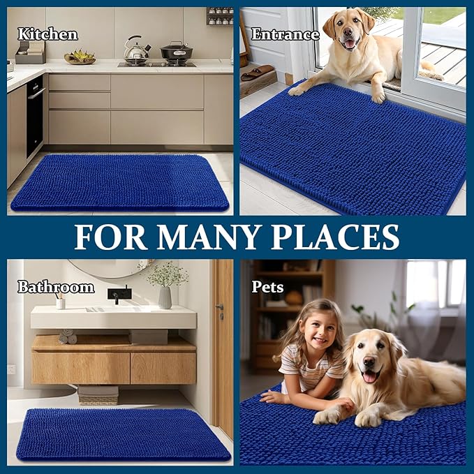 OLANLY Dog Door Mat for Muddy Paws 47x20, Absorbs Moisture and Dirt, Absorbent Non-Slip Washable Doormat, Quick Dry Chenille Mud Mat for Dogs, Entry Indoor Entryway Carpet for Inside Floor, Royal Blue