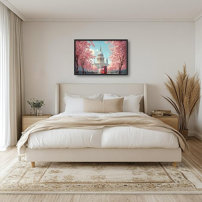 England London Paul’s Cathedral Large Wall Art Cityscape Cherry Blossom Pictures Wall Decor Street Scene Canvas Spring Print Painting Modern Artwork Home Decoration for Living Room Bathroom Bedroom Office Framed 36"x24"