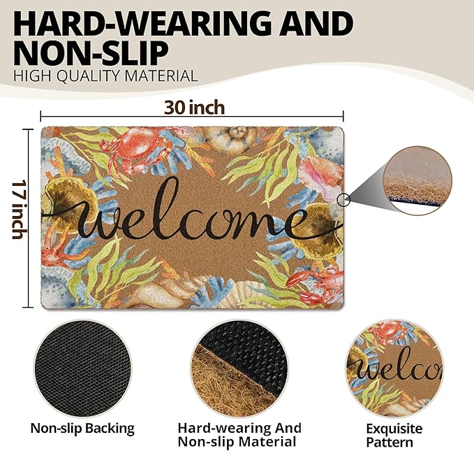 Beach Coastal Welcome Door Mat, Summer Doormat, Ocean Welcome Front Door Mat Indoor Outdoor Entrance, Beachy Seashell Artificial Coir Doormats Rugs for Patio Entry Home Decor, 30x17in