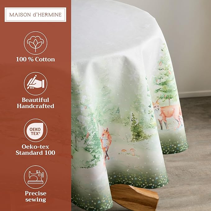 Maison d' Hermine Table Cloth Round Table 100% Cotton 63 Inches Fall Tablecloth Reusable Everyday Use for Thanksgiving Christmas Decorations Dining Farmhouse Party (Winter Mornings)