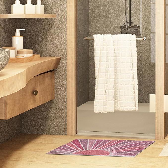 Nogrit Boho Door Mat, Retro Boho Red Sun Sunshine Doormat Bathmat for Indoor Outdoor Entrance, Mid Century Modern Abstract Welcome Mats for Front Door Outside Porch Entryway, 17x30 Inches