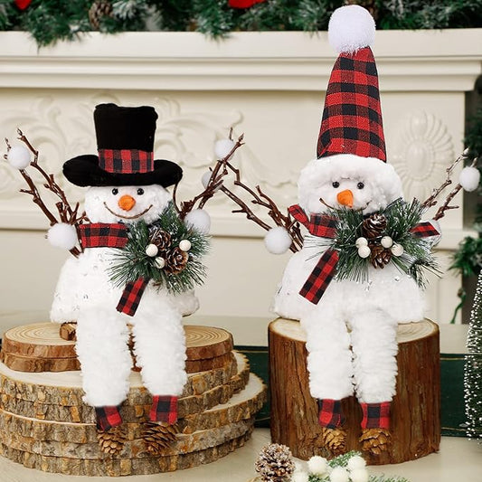 Lulu Home Set of 2 Christmas Snowman Ornaments for Table Mantel Desk Fireplace Home Holiday Decor (Red and Black)