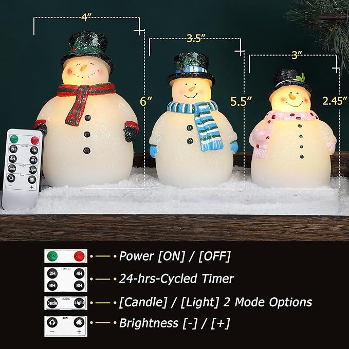 Flameless LED Candles Christmas Holiday Hand-Carved Snowman Sculptures Art Decor Real Wax Battery Operated Dimmable with Remote Timer Flickering Light Xmas Gift Home Room Table Ornaments