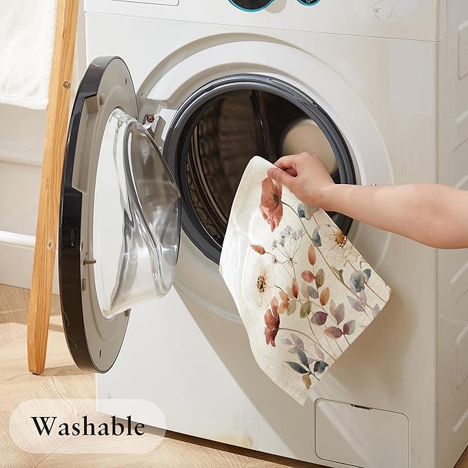 LilyCat Linen Fabric Floral Placemats, Waterproof Durable Boho Dining Table Mats for Kitchen, Rustic Vintage Washable Place Mats Set of 4, 18’’× 12’’