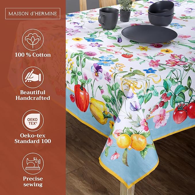Maison d' Hermine Table Cloth Rectangle Table 100% Cotton 54 x 72 Inches Tablecloth Reusable Decorative Everyday Use for Dining Room, Farmhouse, Home, Party, Festive & Wedding Spring Summer - Giverny