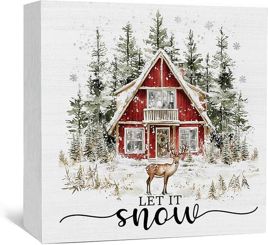 Let It Snow Sign, Winter Christmas Wooden Box Sign, Farmhouse Christmas Decorations, Farmhouse Winter Reindeer Wood Signs For Home Office Desk Table Shelf Decor, 8x8 Inch