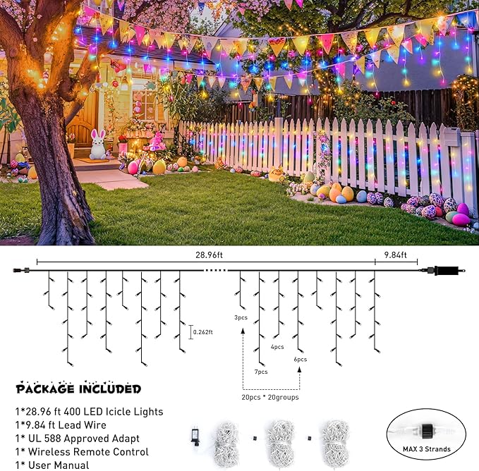 JMEXSUSS 400 LED 38.8 FT Easter Lights String Outdoor, Connectable Pastel Icicle Lights Indoor Outdoor for Easter Spring House Garden Party Decorations