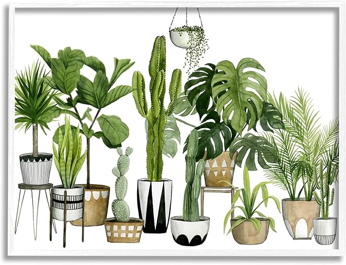 Stupell Industries Boho Plant Scene with Cacti and Succulents in Geometric Pots Watercolor Framed Giclee Art Design by Grace Popp