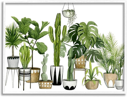 Stupell Industries Boho Plant Scene with Cacti and Succulents in Geometric Pots Watercolor Framed Giclee Art Design by Grace Popp