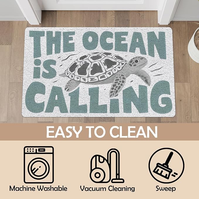 Sea Turtle Beach Door Mat, Coastal Beach Welcome Mats for Front Door, Nautical The Ocean is Calling Doormat Indoor Outdoor Entrance Outside Inside Entryway, 17x30 Inch