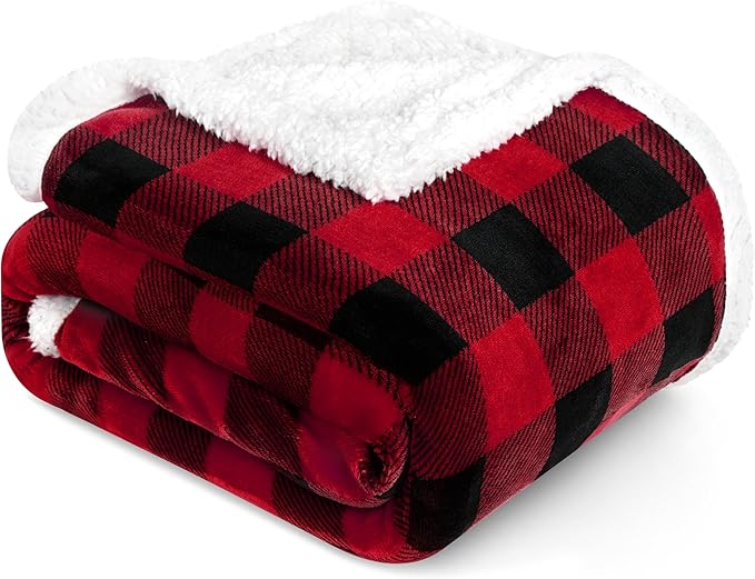 PAVILIA Black and Red Buffalo Plaid Sherpa Throw Blanket for Couch Twin, Soft Fuzzy Flannel Blanket for Bed, Plush Checkered Fleece Blanket and Throws, Warm Thick Winter Blanket Gift, 60x80