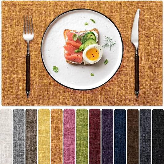 Blue Forest Placemats Set of 4, Dual-Layered Thickened Faux Linen Cloth Place Mats Heat Resistant Machine Washable Wrinkle Free Table Mats Indoor/Outdoor (Orange)
