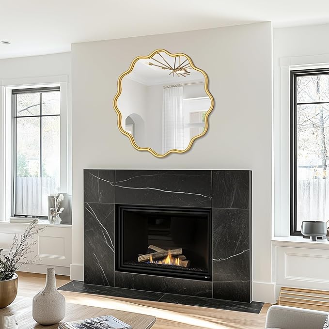 PROHOMEWARE Gold Round Mirror 30 Inch Wavy Bathroom Vanity Mirror Gold Frame Modern Wall Mirror Decorative Wall-Mounte Anti-Rust, Tempered Glass