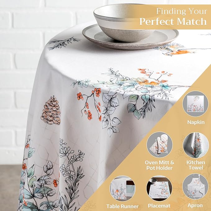 Maison d' Hermine Table Cloth Round Table 100% Cotton 63 Inches Fall Tablecloth Reusable Everyday Use for Thanksgiving Christmas Decorations Dining Farmhouse Party (Whitish Shabby Chique)