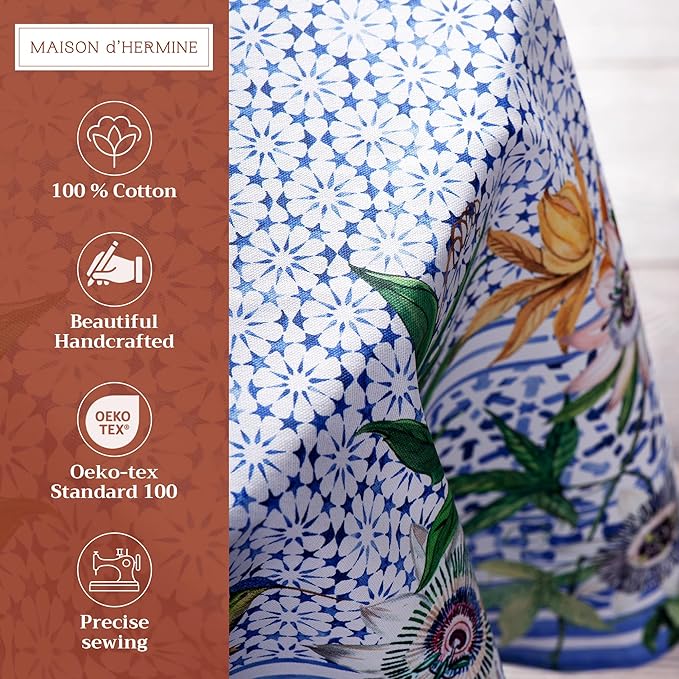 Maison d' Hermine Table Cloth Round Table 100% Cotton 63 Inches Tablecloth Reusable Decorative Everyday Use for Dining Room, Farmhouse, Home, Party, Festive & Wedding Spring Summer - Passiflora