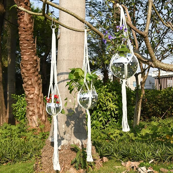 Disco Ball Planter, 2pcs 4" Silver Disco Ball Planter, Disco Ball Plant Hanger with Hanging Rope, Hanging Chain, Hook, Circle and Extra Mirror Pieces (4" Silver, 2pcs)