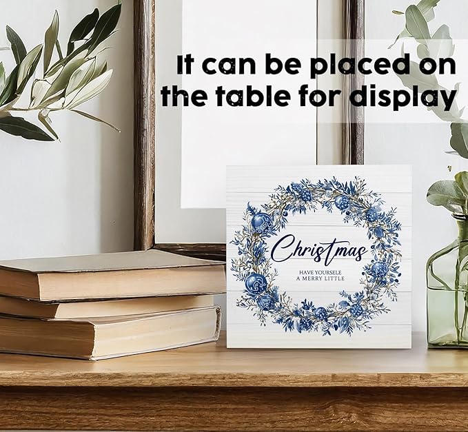 Have Yourself a Merry Little Christmas Sign, Blue Christmas Wreath Wooden Box Sign, Christma Wreath Decorations, Christma Wood Signs for Home Office Desk Shelf Table Decor, 6x6 Inch