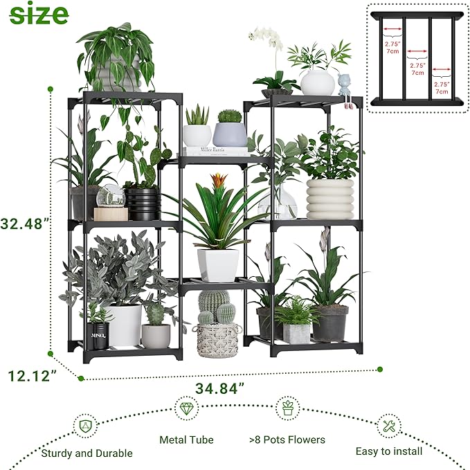 Metal Plant Stand Indoor Outdoor Plant Shelf Stand, 3 Tiers 8 Pots Potted Flower Plant Stands for Indoor Plants Multiple, Plant Shelves Stands Rack for Patio, Balcony, Living Room