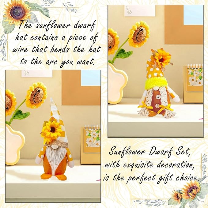 Gnome Sunflower Decor, Summer Spring Fall Gnomes Decorations for Home, Cute Sunflower Gnome Dolls as Thanksgiving Harvest Festival Kitchen Table Ornament, August Gnomes Gifts for Women